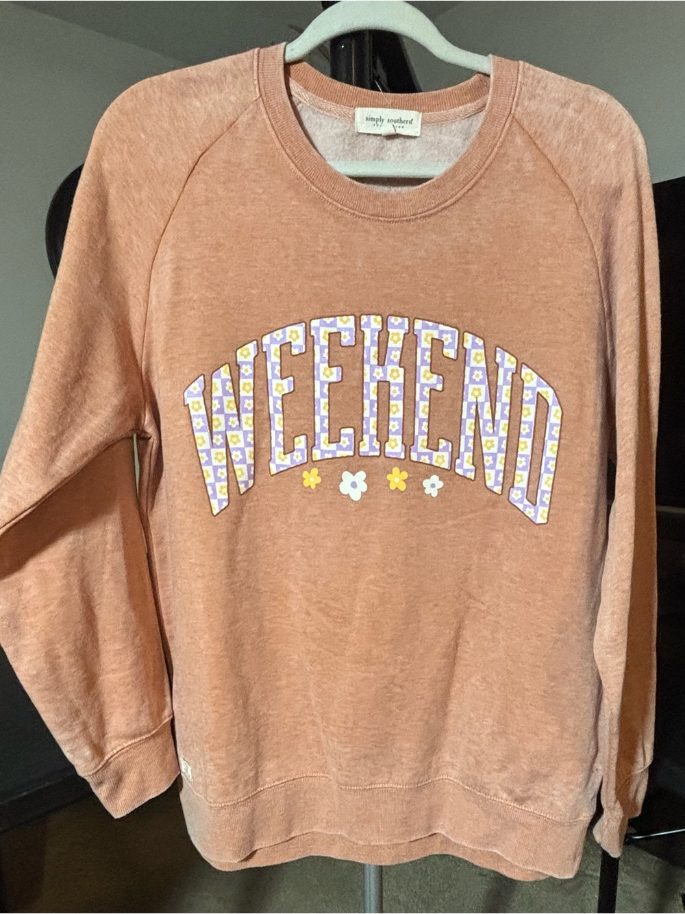 Simply Southern Peach Crewneck Sweatshirt with Floral 'WEEKEND' Graphic
